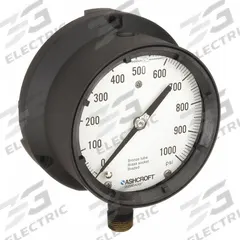 ASHCROFT Process Pressure Gauge: 0 psi to 1,000 psi, White, 4 1/2 in Dial, 1/2 in NPT Male, Bottom (MPN 451379ASL04L1000#). Key specifications — Brand: ASHCROFT; Pointer Color: Black; Accuracy: ±0.5%; Dial Color: White; Gauge Wetted Parts: Brass / Bronze; Case Material: Epoxy-Coated Aluminum; Vibration Resistance Properties: Liquid-Filled; Pressure Range: 0 psi to 1,000 psi.
