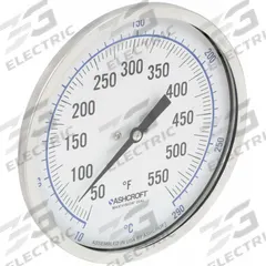 ASHCROFT Dial Thermometer: 50°F to 550°F /10°C to 290°C, ±1% Accuracy, 2.5 in Stem Lg, 5 in Dial Dia (MPN 50EI60R). Key specifications — Accuracy: ±1 %; Brand: ASHCROFT.