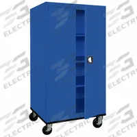 SANDUSKY Shelf Cabinet: Casters, 36 in x 24 in x 72 in, Recessed, Three-Point Locking, 3 Shelves. Key specifications — Door Handle Type: Recessed; Frame Assembled: Assembled; Cabinet Finish: Powder Coated; Cabinet Material: Steel; Base Type: Casters; Cabinet Color: Blue; Shelf Adjustability: (3) Adjustable; Cabinet Storage Components: Shelves.