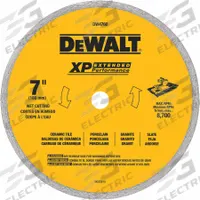 DEWALT Diamond Saw Blade: 7 in Blade Dia., 5/8 in Arbor Size, Wet, For Angle Grinder/Circular Saw (MPN DW4760). Key specifications — attr1097734: Wet; attr1097738: Angle Grinder; attr1097751: DEWALT.