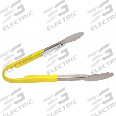 CRESTWARE Uncoated Scalloped Tongs: Stainless Steel Blade, 12 in Overall Lg, Yellow