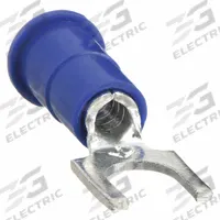 3M Fork Terminals: Blue, Vinyl, #8 Stud Size, 16 AWG – 14 AWG Wire Range, Block Fork, 1,000 V (MPN MVU14-8FBX). Key specifications — Barrel Style: Butted; Manufacturer Part Number: MVU14-8FBX; Brand: 3M; Series: TR.