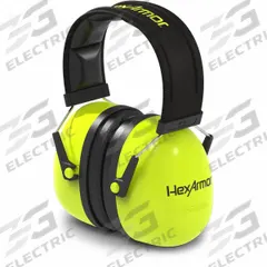 HEXARMOR Earmuffs: Over-the-Head Earmuff, Passive, 30 dB NRR, Foam, Yellow, 1 PR (MPN 19-10003). Key specifications — attr114053: Rigid; attr114052: No; attr114031: No; attr114015: EVA, Polyethylene, PVC, Foam, Leather; attr114029: Foam; attr114039: ABS; attr114048: K-Series(TM); attr114038: Yellow.