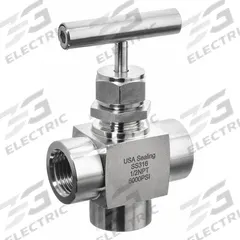USA INDUSTRIALS Needle Valve: 3-Way Valve Body, 316 Stainless Steel, Screw-In Bonnet, Female, NPT (MPN ZUSA-VLV-102). Key specifications — attr1062597: Water; attr1062612: API 598; attr1062583: USA INDUSTRIALS; attr1062587: Female; attr1062593: NPT; attr1062617: N/A - Not Rated; attr1062586: Female; attr1062585: Female.