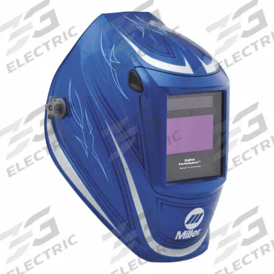 MILLER ELECTRIC Welding Helmet: Auto-Darkening, 3 Arc Sensors, Blue, Racing, W8-W13 - Auto-Darkening Welding Helmets - Graphic