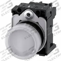 SIEMENS Pilot Light: 22 mm Panel Mounting Size, White, LED, 24 V AC/DC Max Volt Rating (Supply) (MPN 3SU1102-6AA60-1AA0). Key specifications — Series: 3SU; Brand: SIEMENS; Includes Push-To-Test: No Push-To-Test Included.