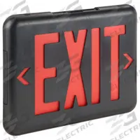 Exit Sign: LED, Black, Red, 1 or 2 Faces, Ceiling/End/Wall, Not Battery Powered, 1.4 W Fixture Watt (MPN EVEURB). Key specifications — Voltage: 120/277 V AC; Directional Indicators: Universal Field Selectable Chevrons; Text Color: Red; Brand: DUAL-LITE; Emergency Battery Backup: No; Housing Color: Black; Lighting Technology: LED; Remote Capable: No.