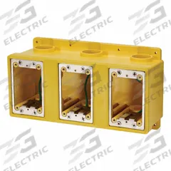 LEVITON Electrical Box: PVC, Rectangular, 1 Gangs, 1 in Hub Size, 109.1 cu in Capacity, Yellow (MPN FDBX3-YL). Key specifications — Color: Yellow; Brand: LEVITON.