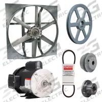 Exhaust Fan with Drive Package: Belt Drive, 36 in Blade, 3/4 hp, 14,345 cfm, 115/208-230V AC, 1 ph (MPN 7AR61). Key specifications — Frame Finish: Zinc Plated; Assembled: Unassembled; Brand: DAYTON; Nameplate Voltage: 115/208-230V AC; Frame Material: Steel; Guard Type: None; Method of Construction: Cast; Motor Insulation: Class B.
