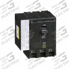 SQUARE D Miniature Circuit Breaker: 100 A, 120/240V AC, Three Phase, 10kA at 120/240V AC, 3 Poles (MPN QO31001021). Key specifications — Phase: Three; Amps: 100 A; AC Voltage Rating: 120/240V AC; Max. AIR Rating: 10kA at 120/240V AC; For Use With: QO Load Centers and NQ Panelboards; Brand: SQUARE D.