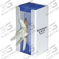 BOWMAN DISPENSERS Glove Dispenser: PVC, 5 7/8 in Overall Wd, 10 1/8 in Overall Ht, Wall, (1) Box (MPN GC-018). Key specifications — Dispenser Layout: (1) Box; Fill Direction: Right Load; Material: PVC; Brand: BOWMAN DISPENSERS; Color: White.