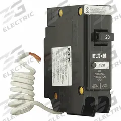 EATON Circuit Breaker: 20 A, 120/240V AC, Single Phase, 10kA at 120/240V AC, Type BR Loadcenters (MPN BRN120GF). Key specifications — Amps: 20 A; AC Voltage Rating: 120/240V AC; Phase: Single; Max. AIR Rating: 10kA at 120/240V AC; Circuit Breaker Type: Ground Fault Circuit Interrupter; For Use With: Type BR Loadcenters; Brand: EATON.