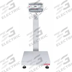 OHAUS Industrial Bench Scale: 12 in x 12 in, IP67, Column-Mounted, Defender 5000, Stainless Steel (MPN 30461677). Key specifications — Connection Ports: Bluetooth; Readability: 0.002 lb/1 g; Brand: OHAUS; Weighing Surface Material: Stainless Steel.