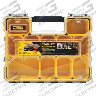 STANLEY Compartment Box: 17 3/8 in x 14 1/2 in x 4 1/2 in, Clear/Black/Yellow - Small Parts Compartmented Boxes with Removable Cups