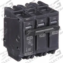 GE Miniature Circuit Breaker: THQL, 30 A, 120/240V AC, Three Phase, 10kA at 120/240V AC, Std (MPN THQL32030). Key specifications — Amps: 30 A; AC Voltage Rating: 120/240V AC; Phase: Three; Max. AIR Rating: 10kA at 120/240V AC; For Use With: Power Mark Gold Load Centers and AQ Lighting Panels.