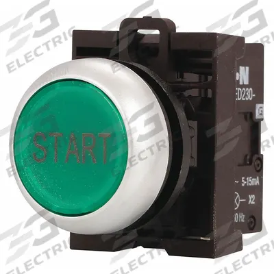 EATON Flush Push Button: Green, 22 mm Mounting Size, Non-Metallic - Illuminated Flush-Mount Push-Button Operators