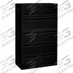 HON Lateral File Cabinet with Drawer: Black, 5 Drawers, 64 1/4 in Overall Ht, 18 in Overall Dp (MPN H795.L.P). Key specifications — attr988670: Unfinished; attr988694: Steel; attr988716: Lateral File Cabinet with Drawer; attr988691: Integrated; attr988652: HON; attr988656: Black; attr988720: Handle.