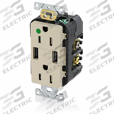 LEVITON Receptacle: Duplex, 5-15R, 2 USB Ports, USB Type A, Ivory, 125V AC - Hospital-Grade Receptacles with USB Chargers