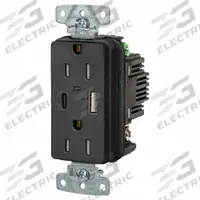 USB Receptacle: Duplex, 5-15R, 2 USB Ports, USB Type A/C, Black, 125V AC, 15 A (MPN USB15ACPDBK). Key specifications — Brand: HUBBELL.