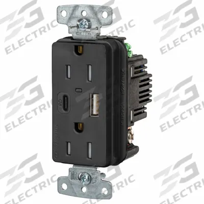 HUBBELL Receptacle: Duplex, 5-15R, 2 USB Ports, USB Type A/C, Black, 125V AC - Weather-Resistant Receptacles with USB Chargers