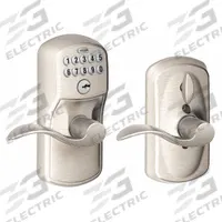 SCHLAGE RESIDENTIAL Electronic Keyless Lock: Keypad, Nickel (MPN FE595 PLY619ACC). Key specifications — Product Type: Electronic Keyless Lock; Manufacturer Part Number: FE595 PLY619ACC; Access Method: Keypad; Key Override Options: Schlage "C" 6 Pin Keyway.