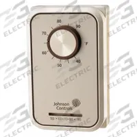JOHNSON CONTROLS Line Volt Mechanical Tstat: Heat or Cool, Auto, 40° to 90°F, Exposed Dial, 1H/1C (MPN T26S-18C). Key specifications — Application: Heat or Cool; System Settings: Auto; Switch Type/Action: SPDT, Open/Close on Rise; Temperature Control Range: 40° to 90°F; Stages: 1H/1C; Voltage: 24 to 277V AC; Brand: JOHNSON CONTROLS; Control Type: Exposed Dial.