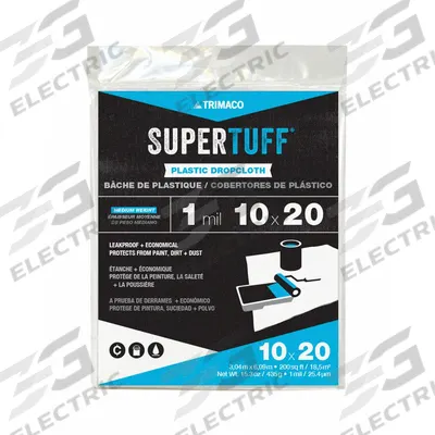 TRIMACO Drop Cloth: Light Duty, Polyethylene, 1 mil Thick, 10 ft Wd, 20 ft Lg - Standard Drop Cloths