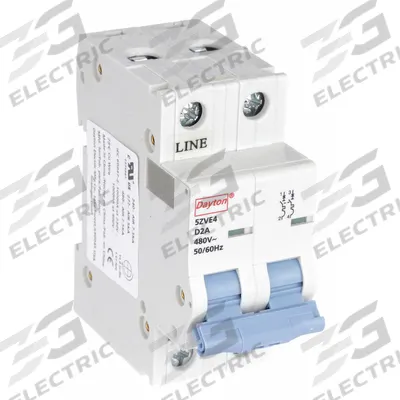 DAYTON IEC Supplementary Protector: 2 A Amps, 7.5kA at 480V AC, Screw Clamp, NDB2-63 - D-Curve, 2-Pole UL1077 DIN Rail-Mount Supplementary Protectors