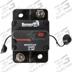 Automotive Circuit Breaker: CB, 42V DC, 50 A at 42V DC, Stud (MPN CB50PB). Key specifications — Series: CB; Voltage: 42V DC; Interrupt Rating: 50 A at 42V DC; Terminal Connection: Stud; Circuit Breaker Type: Hi-Amp Circuit Breaker; Brand: BUYERS PRODUCTS.