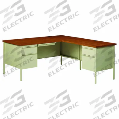 HIRSH L-Shaped Office Desk: Particle Board, Oak/Putty, 2 Pedestals, 5 Drawers - L-Shaped Desks