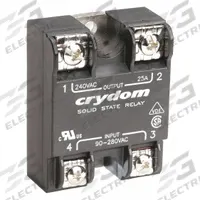CRYDOM Solid State Relay: Surface Mounted, 25 A Max Output Current, SCR, AC Output (MPN A2425). Key specifications — Brand: CRYDOM; Current Type: AC; Electrical Connection: Screw Clamp; Finger Safe: No; Input Current: 10 mA; Maximum Output Current without Heat Sink: 11 A; Mounting Style: Panel; Output Voltage: 24 to 280V AC.