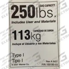 WERNER Duty Rating Label Replacement, 250 lb.: Fits Werner Brand (MPN LDR250). Key specifications — For Use With Grainger Item Number: 41D323; For Use With Mfr. Model Number: 560-3; Fits Brand: Werner; Product Type: Duty Rating Label Replacement, 250 lb.; Brand: WERNER.