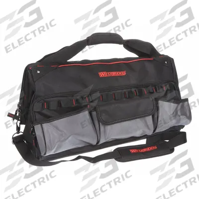 WESTWARD Tool Bag: 22 in W x 12 1/2 in D x 14 in H, Black, Polyester, 11 Pockets - Polyester Wide-Mouth Tool Bags