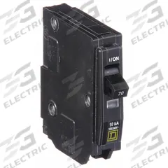 SQUARE D Miniature Circuit Breaker: 70 A, 120/240V AC, Single Phase, 10kA at 120/240V AC, 1 Poles (MPN QO170). Key specifications — Phase: Single; Amps: 70 A; AC Voltage Rating: 120/240V AC; Max. AIR Rating: 10kA at 120/240V AC; For Use With: QO Load Centers and NQ Panelboards; Brand: SQUARE D.