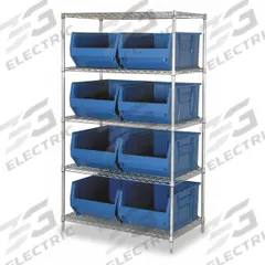 QUANTUM STORAGE SYSTEMS Bin Shelving: 42 in x 30 in x 74 in, 1 Sided, 8 Bins, Open, Blue, 5 Shelves (MPN WR5-975BL). Key specifications — Includes Bins: Yes; Bin Material: Polypropylene; Frame Color: Silver; Bin HxWxD: (8) 12 in x 18-1/4 in x 29-7/8 in; Frame Material: Steel; Bin Color: Blue; Bin Style: Hang and Stack; Brand: QUANTUM STORAGE SYSTEMS.
