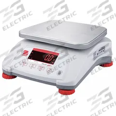 OHAUS Food Scale: 7 1/2 in Weighing Surface Dp, 9 1/2 in Weighing Surface Wd, 4 7/8 in Overall Ht (MPN V41PWE3T). Key specifications — Readability: 0.001 lb/0.5 g; Brand: OHAUS; IP Rating: IPX8.
