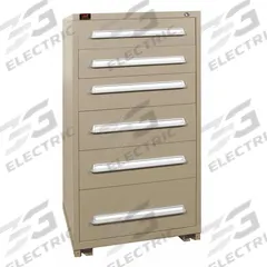 LYON Modular Drawer Cabinet: 30 in x 28 1/4 in x 59 1/4 in, 6 Drawers, 64 Compartments, Putty, Steel (MPN PPM6830301016IL). Key specifications — Drawer Inside Height: (6) 3 in; Drawer Access: Multiple; Base Type: Fork Pockets; Number of Compartments per Drawer: (1) 16, (2) 12, (3) 8; Brand: LYON; Cabinet Color: Putty.