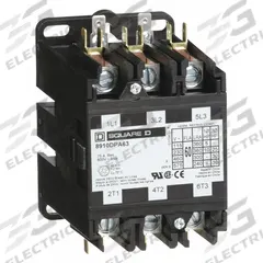 SQUARE D Definite Purpose Magnetic Contactor: 3 Poles, 208-240V AC, 60 A, Non-Reversing (MPN 8910DPA63V09). Key specifications — Brand: SQUARE D; Coil Voltage: 220/208-240V AC; Contactor Style: HVACR Definite Purpose Contactor; Terminal Connection Type: Quick-Disconnect Terminals; Maximum Voltage Rating: 600V AC; Series: 8910 Series Type DPA; Phase: Three; Main Pole Contact Form: 3NO.