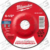 MILWAUKEE Grinding Wheel: Type 27, 4 1/2" x 1/4" x 7/8", Zirconia Alumina, 24 Grit (MPN 49-94-0603). Key specifications — Brand: MILWAUKEE.