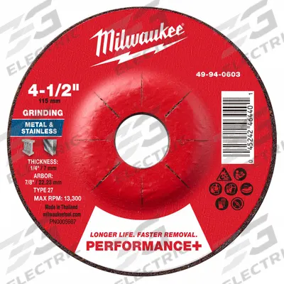 MILWAUKEE Grinding Wheel: Type 27, 4 1/2" x 1/4" x 7/8", Zirconia Alumina - High-Performance Grinding Wheels for Carbon & Stainless Steel