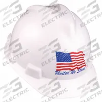 MSA Hard Hat: White, American Flag, Ratchet (4-Point), Ratchet, Polyethylene, Side-Slots, MSA (MPN 10034263). Key specifications — Brand: MSA; Series: Freedom Series; Head Protection Graphics: American Flag; Head Protection Suspension Type: Ratchet (4-Point); Head Protection Material: Polyethylene; Accessory Mounting Options: Side-Slots; Head Protection Brand: MSA; Suspension Adjustment Type: Ratchet.