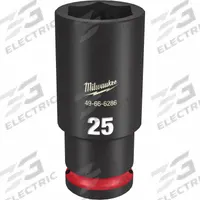 MILWAUKEE Deep Impact Socket: 1/2 in Drive Size, Metric, 25 mm Socket Size, 6-Point, Deep, Friction (MPN 49-66-6286). Key specifications — attr1215501: MILWAUKEE; attr1215515: Black Phosphate; attr1215518: 25 mm.