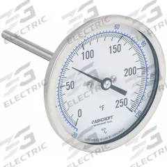 ASHCROFT Dial Thermometer: 0°F to 250°F /-20°C to 120°C, ±1% Accuracy, 4 in Stem Lg, 3 in Dial Dia (MPN 30EI60R). Key specifications — Accuracy: ±1 %; Brand: ASHCROFT.
