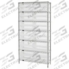 QUANTUM STORAGE SYSTEMS Shelving Unit: 36 in x 12 in x 74 in, 1 Sided, 24 Bins, Open, Hopper Bin (MPN WR7-245CL). Key specifications — Includes Bins: Yes; Frame Color: Chrome; Bin HxWxD: 5 x 16-1/2 x 10-7/8 in; Frame Material: Carbon Steel; Bin Color: Clear; Bin Style: Hopper; Brand: QUANTUM STORAGE SYSTEMS.