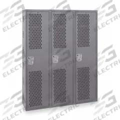 HALLOWELL Wardrobe Locker: 54 in x 18 in x 72 in, Ventilated, 1 Tiers, 3 Units Wide, Padlock Hasp (MPN HWBA882-111HG). Key specifications — Brand: HALLOWELL; Locker Color: Dark Gray; Door Type: Ventilated; Locker Material: Steel; Assembled: Assembled; Number Plate Included: Yes.