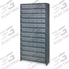 QUANTUM STORAGE SYSTEMS Enclosed Bin Shelving: 36 in x 18 in x 75 in, 1 Usable Sides, 13 Shelves (MPN CL1875-602GY). Key specifications — Bin HxWxD: (72) 4-5/8 in x 5-9/16 in x 17-5/8 in; Frame Material: Steel; Frame Color: Gray; Bin Color: Gray; Brand: QUANTUM STORAGE SYSTEMS.
