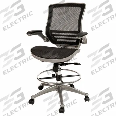 FLASH FURNITURE Drafting Chair: Waylon, Black, Mesh Material, Adj Arms Arm - Adjustable-Arm Drafting Chairs