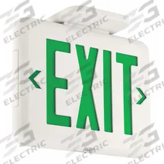 Exit Sign: Emergency Battery Backup, LED, White, Green, 1 or 2 Faces, Ceiling/End/Wall, 120/277 V AC (MPN EVEUGWE). Key specifications — Voltage: 120/277 V AC; Directional Indicators: Universal Field Selectable Chevrons; Text Color: Green; Brand: DUAL-LITE; Emergency Battery Backup: Yes; Housing Color: White; Lighting Technology: LED; Remote Capable: No.