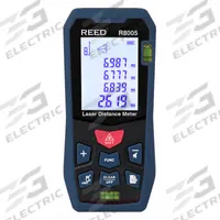 REED INSTRUMENTS Distance Meter: Inch/Metric, 1 7/8 in – 164 ft, ± 2 mm, AAA, ABS Plastic, LCD (MPN R8005). Key specifications — attr938983: Meters; attr938974: Pythagoras (2 Points); attr934751: REED INSTRUMENTS; attr938968: ± 2 mm; attr938975: Case; attr938977: Red.