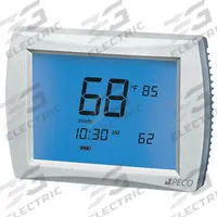 PECO Low Voltage Thermostat: Heat and Cool, Auto and Manual, 5-1-1/5-2/7 Day, Horizontal, Rectangle (MPN T12532-IAQ). Key specifications — Application: Heat and Cool; Stages: 3H/2C Conventional, 4H/2C Heat Pump; Programming Capability: 7 Day; Shape: Rectangle; Terminal Designations: RH; Temperature Control Range: 50° to 90°F; Changeover Type: Automatic and Manual; Brand: PECO.